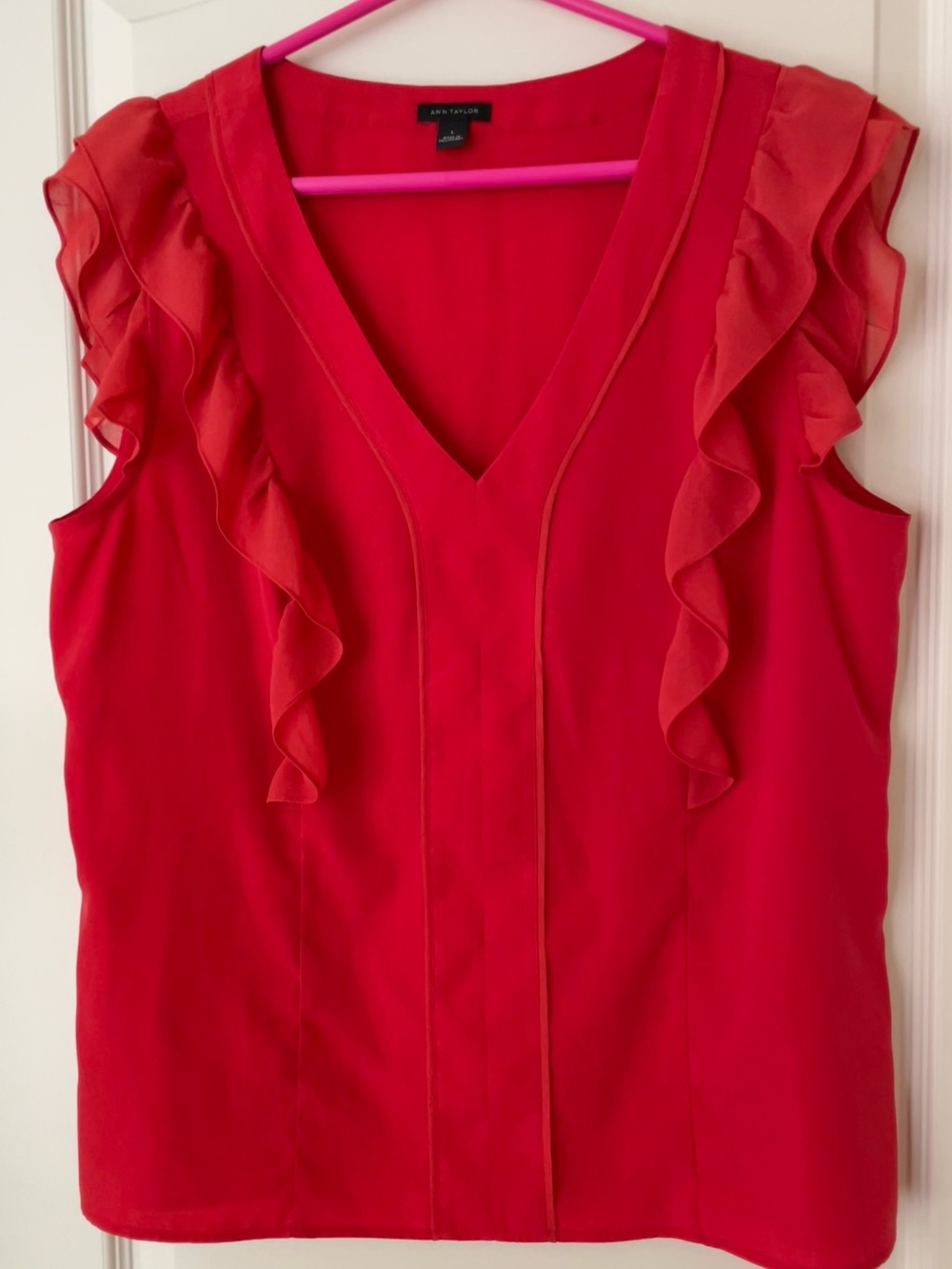 Ann Taylor Bright Red Ruffle V-Neck Sleeveless Blouse